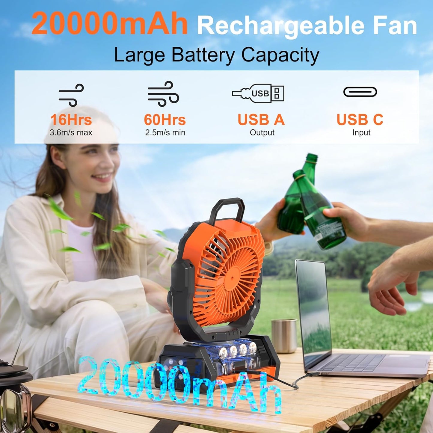 Honesorn 20000mAh Rechargeable Fan Portable 11-Inch, with LED Light Remote | Up to 60H Runtime, 45°/90°Oscillating, Hanging Hook, 4 Speeds, 8H Timer, USB-C Charging, for Camping, Tent, Travel, Outdoor