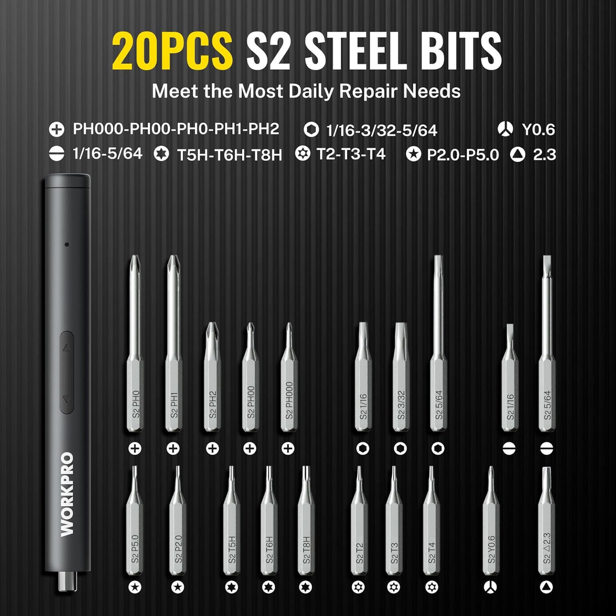 WORKPRO 20-in-1 Mini Electric Screwdriver Set, Precision Screwdriver Set | 20 S2 Steel Bits, 3.6V Type-C Rechargeable, 0.35N.m, LED Light, Precision Repair Tool for Electronics Phone Camera & Laptop