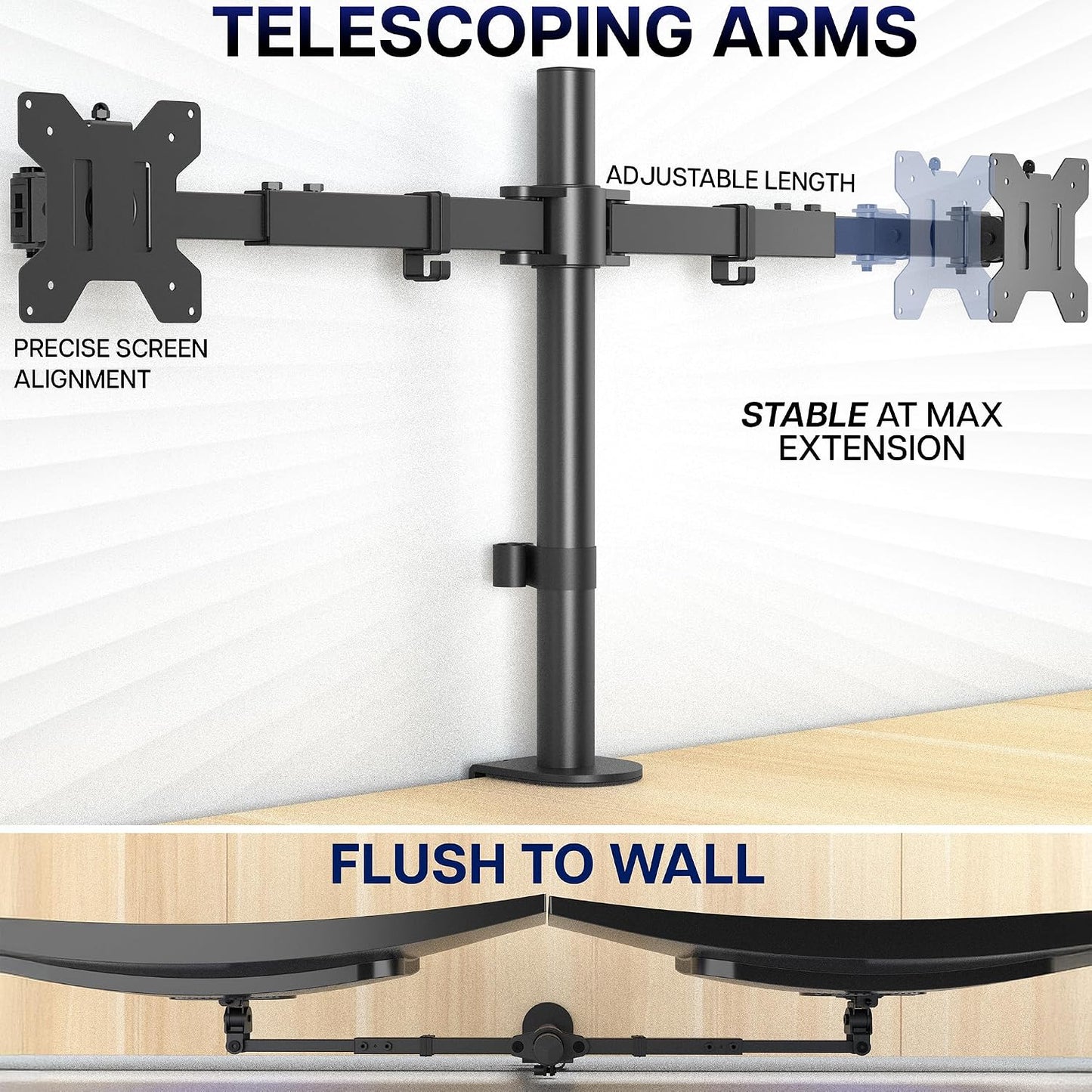 VIVO Dual LCD LED 21 to 32 inch Monitor Desk Mount, Heavy Duty, Adjustable Telescoping Arms, Flush Wall Setup, Fits 2 Screens, Black, STAND-V002E