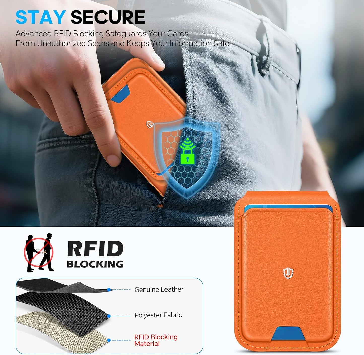 SHIELDON Genuine Leather Magnetic Wallet Stand for MagSafe, Orange | Strong Magnetic, 6 Card Holders, Kickstand, Rfid Blocking, Quick-access, ID Window, for iPhone 17/16/15/14/13/12 Series