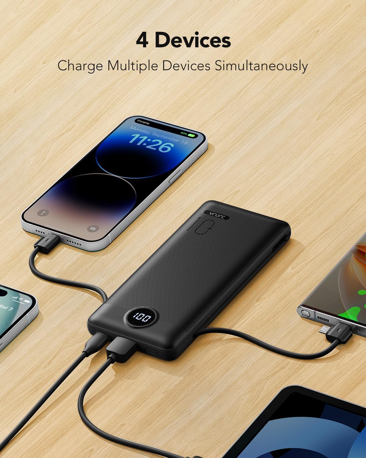 VRURC Portable Charger, Power Bank Built-in Cables and AC Wall Plug | USB C Portable Bank 10000mAh,Travel Essentials Phone Charger Compact External Battery Pack for Smart Phones,Tablets-Black
