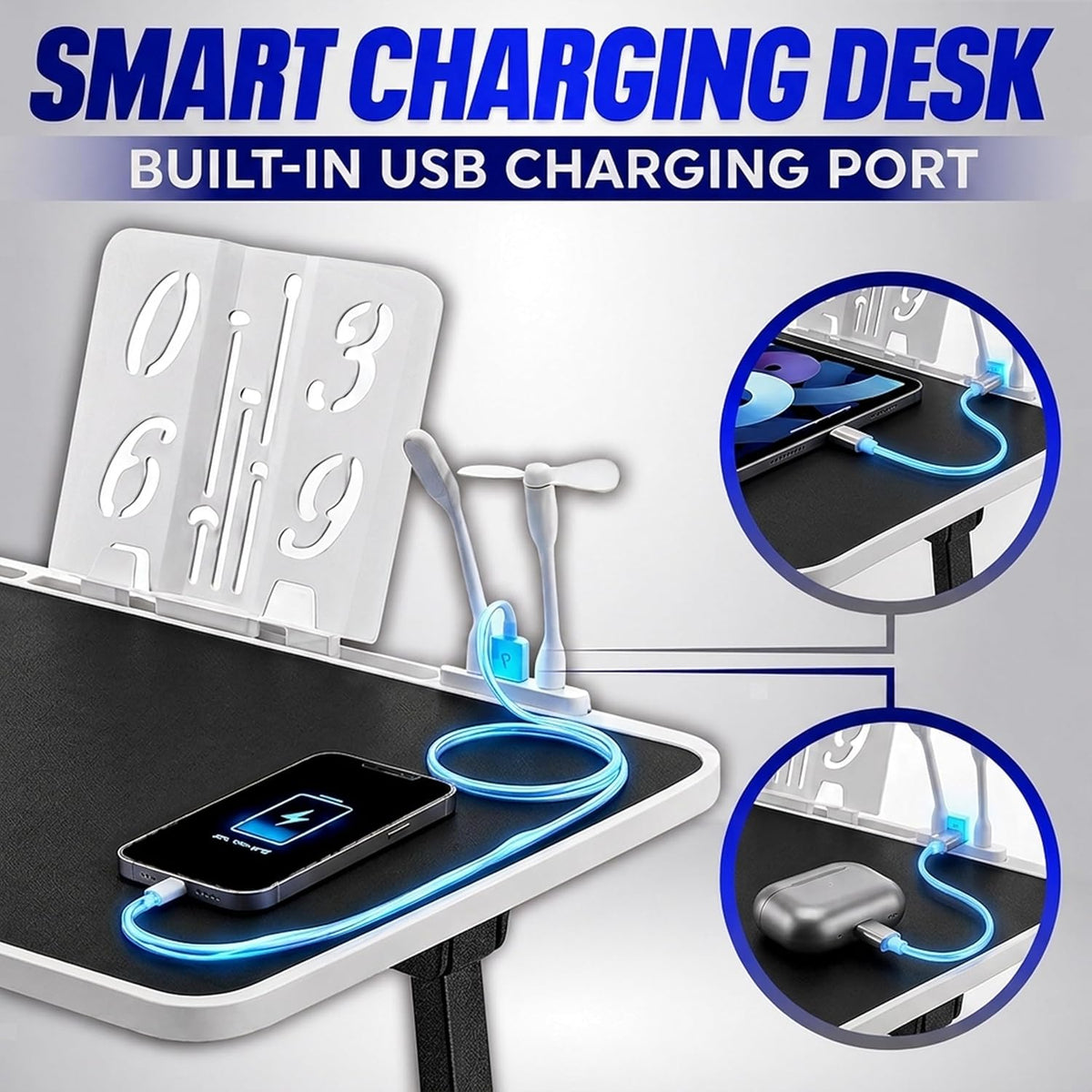 USB-C LED Light Foldable Lap Desk with LED Lamp, Cooling Fan & Book Stand — Portable Bed Laptop Table with Side Drawer, Phone & Tablet Holder, Fast Charging Port