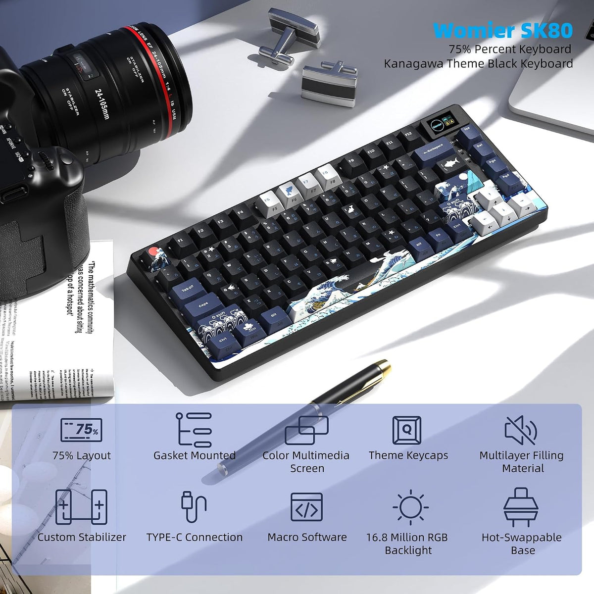 Womier SK80 75% Keyboard with Color Multimedia Display Gaming Keyboard | Creamy Sound Mechanical Wired Hot Swappable Gasket RGB Custom Key board, Pre-lubed Stabilizer for Mac/Win, Black Kanagawa