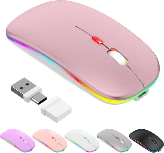LED Bluetooth Wireless Mouse for MacBook Air Mac Pro Laptop iPad–Rose Gold | Rechargeable Silent Light-Up Optical Mouse with Jiggler Dual Mode BT5.2 & USB-A/USB-C for Students Kids Girls Boys
