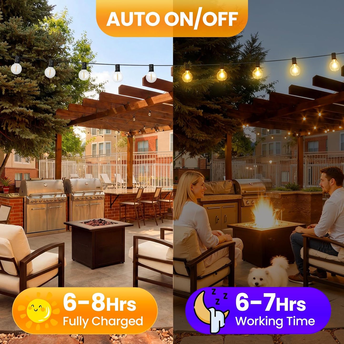 25FT Solar Powered String Lights with 10+1 LED G40 Bulbs, Black | IP65 Waterproof, Solar and USB Dual Charging, Auto On/Off, Shatterproof, Energy-saving, Patio Lights Balcony Backyard Decor