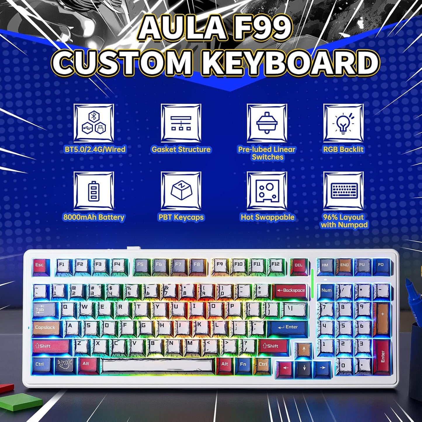 Aula F99 Mechanical Keyboard Wireless Creamy Computer Gaming Keyboards | 8000mAh Rechargeable,Hot Swappable Custom,RGB Backlit,Tri-Mode BT5.0/2.4GHz/USB-C,Pre-lubed Linear Switches,Gasket Structure