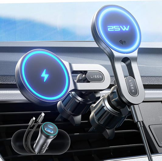 LISEN for Qi2.2 25W MagSafe Car Mount Charge,Car Vent Magnetic Car Charger | Stable & Fast Charging iPhone Car Mount,Qi2.2 Certified 25W Magsafe Car Mount, Car Vent Mount For iPhone 17 16 15 14 13 12