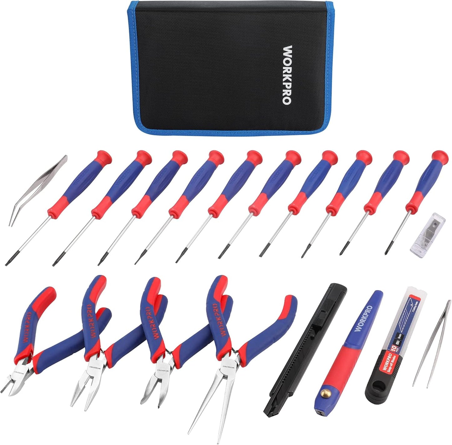 WORKPRO 33PCS Precision Repair Tool Kit, Screwdriver, Pliers Set with Pouch | Craft & Utility Knife, Precision Tweezers, Electronic Repair Applications, Portable Storage, Multi-Purpose DIY