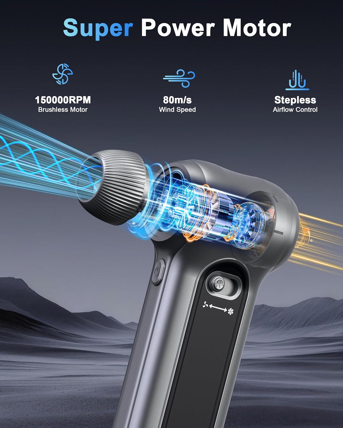 Compressed Air Duster 150000RPM Cordless Blower LED for Electronics Car | 150000RPM brushless cordless air duster. Stepless speed control. Rechargeable with LED light. Multi nozzles for electronics