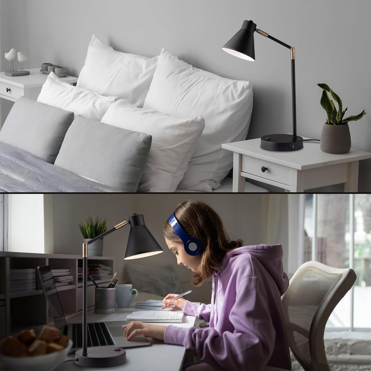 O'Bright Astrum - LED Desk Lamp with Dual USB Charging Ports, 100% Metal, 270 Degree Swivel Arms, Soft White Light (3000K), Bedside & Home Office Table Lamp, ETL Listed, Black