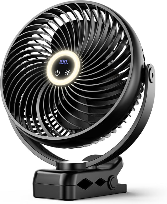 Koonie 8'' 10000mAh Portable Clip on Fan with LED Lantern and Hook | Battery Operated Desk Fan, Quiet Camping Fan with LED Digital Display, 360° Rotation & 3 Speeds for Travel Tent Gym Treadmill