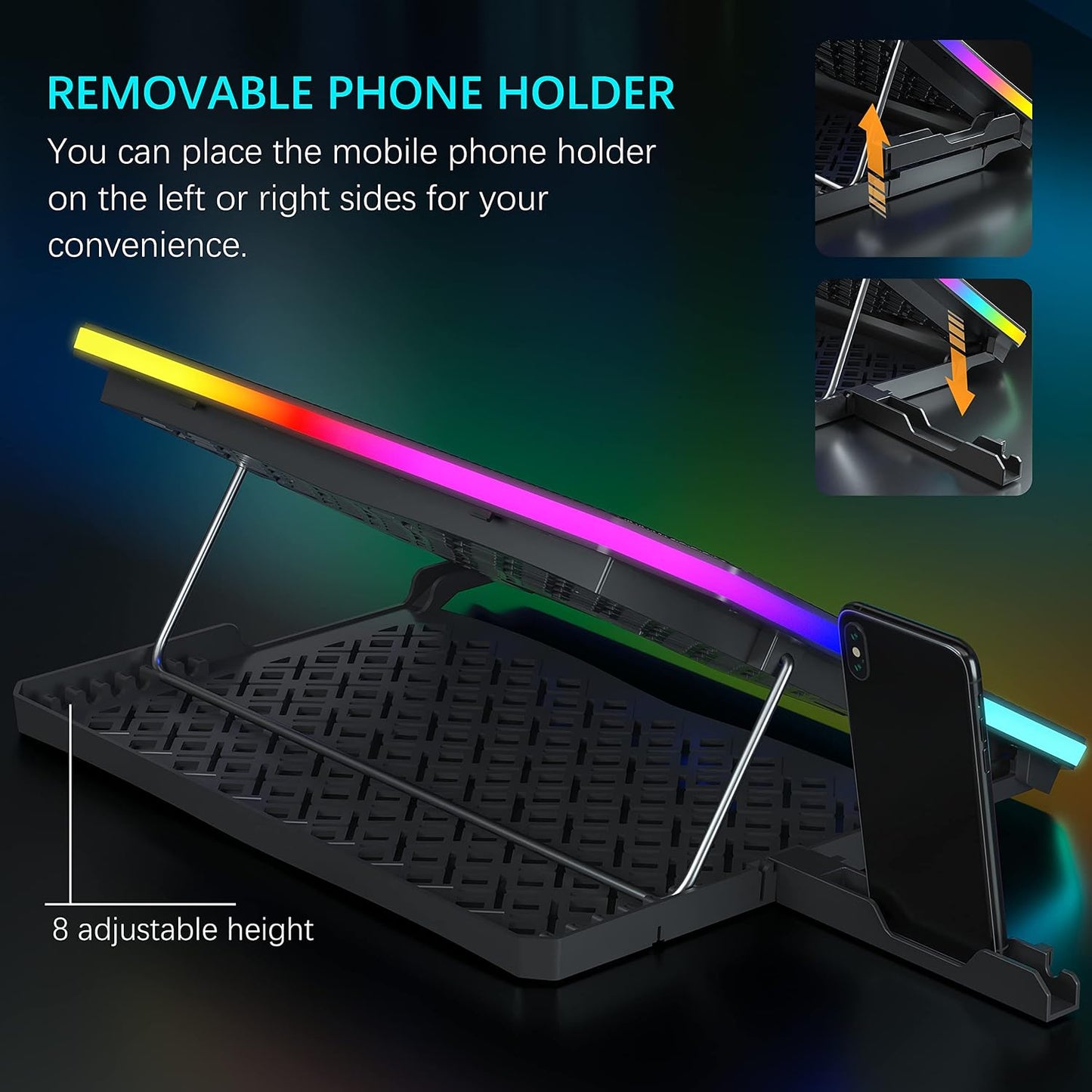 TopMate C12 Laptop Cooling Pad RGB Gaming Notebook Cooler for Desk and Lap Use, Laptop Fan Stand 8 Adjustable Heights with 6 Quiet Fans and Phone Holder, for 15.6-17.3 Inch Laptops-Ice Blue LED Light