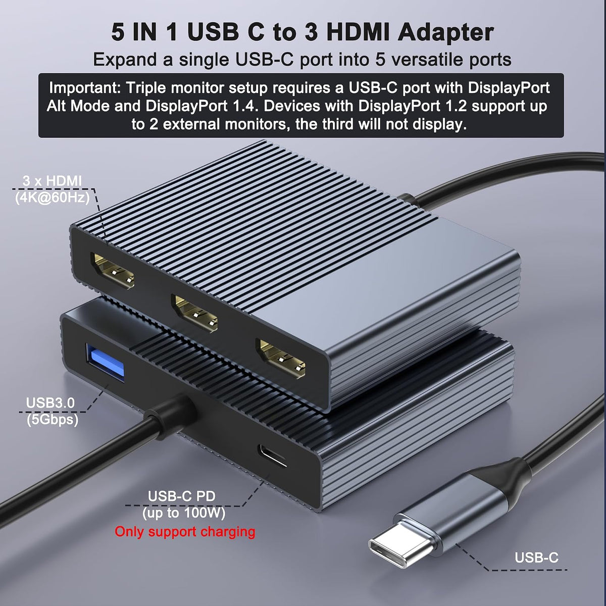 USB C to 3 HDMI Adapter with PD 100W/USB3.0, 4K@60Hz 3 Way HDMI Splitter Extended Display for 3 Monitors, Triple Monitor Docking Station for Dell/HP/Mac Laptop, SST/MST USBC Hub for Multiple Monitors