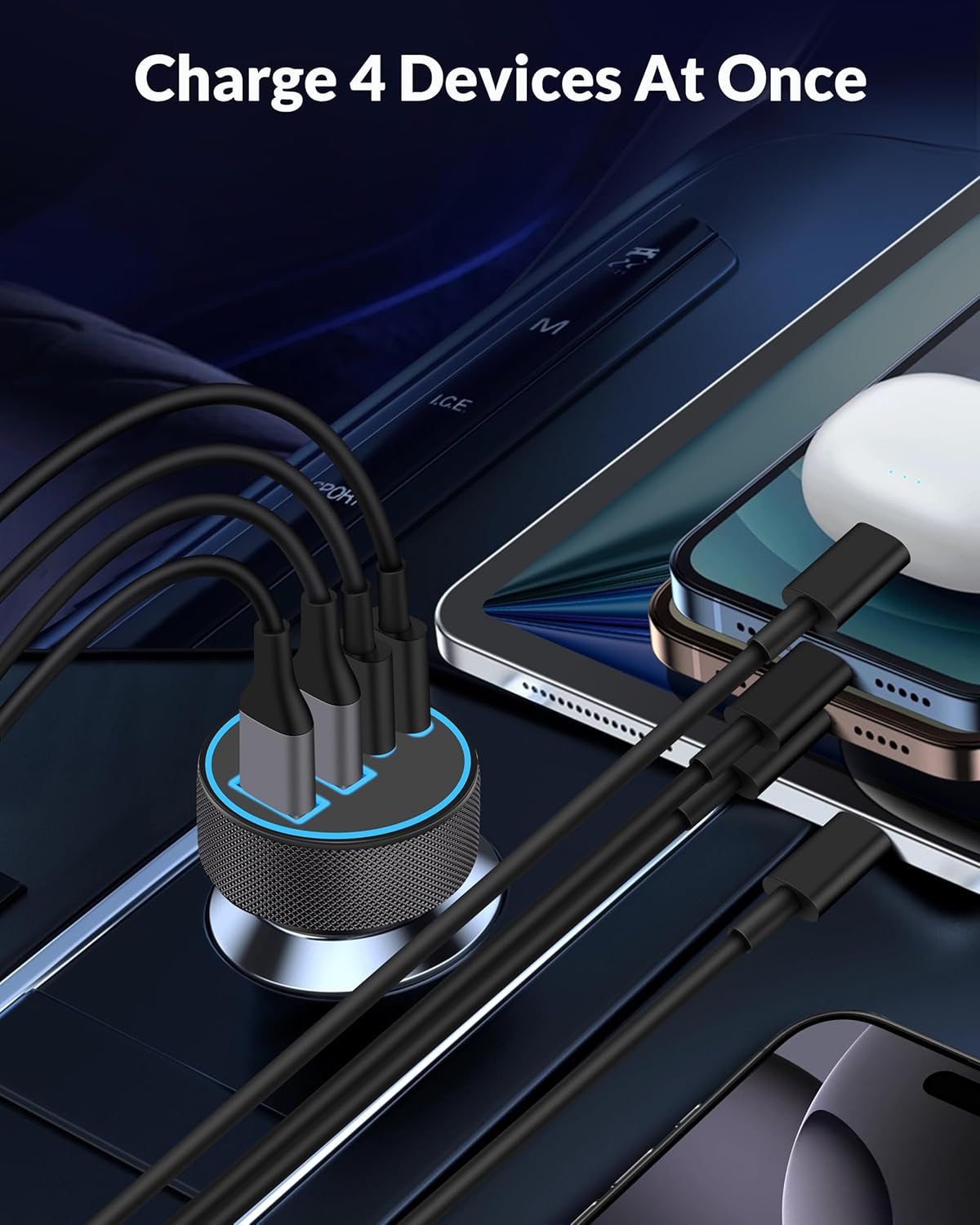 USB C Car Charger, 4-Port 90W Super Fast Charging Cigarette Lighter Adapter | [4 in 1] Dual 45W USBC & USB-A, Multiport Car Phone Charger Accessories, for iPhone 17 16 15 14 13 12, iPad, Galaxy, Tablet
