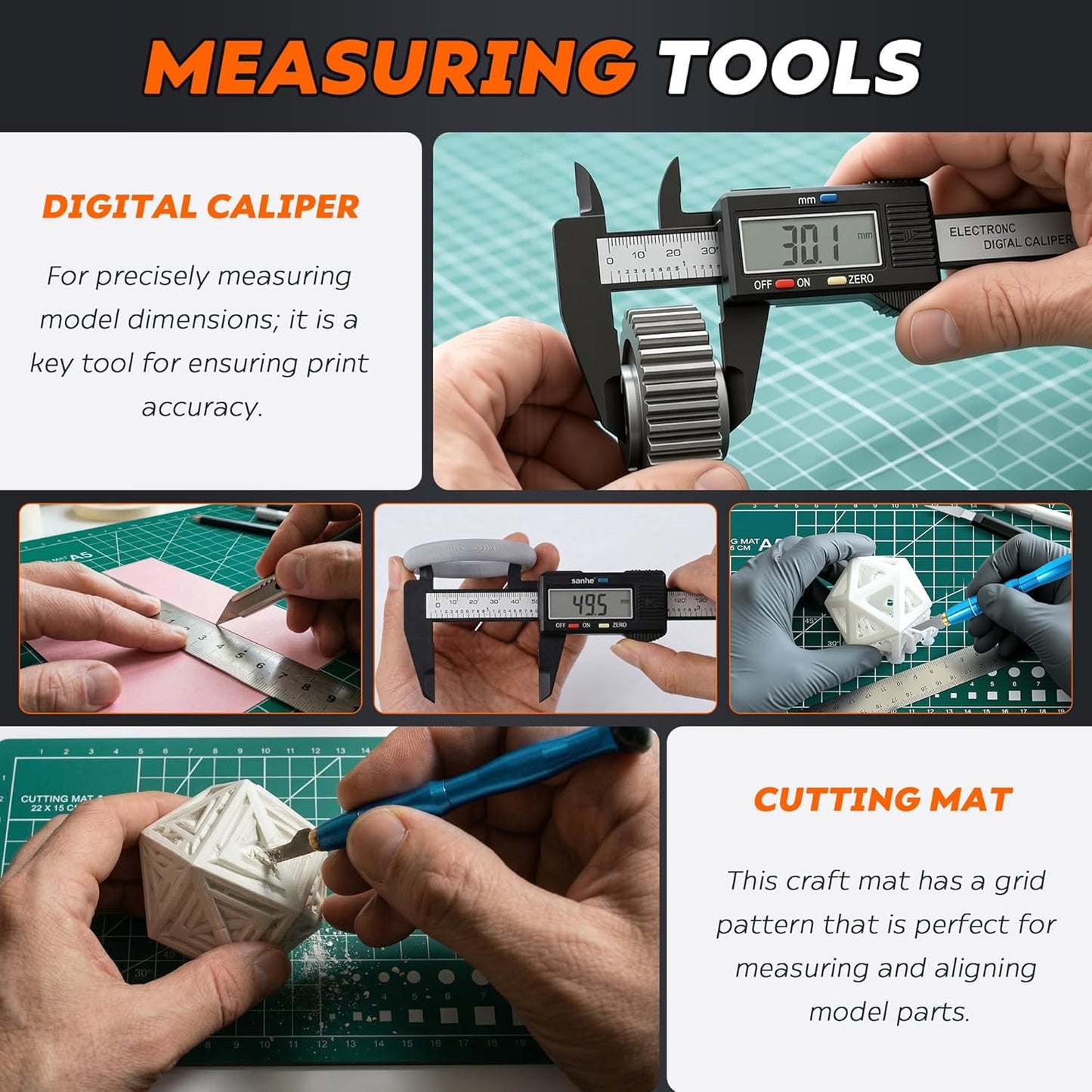 45 Pcs 3D Printer Tool Kit, Cleaning, Finishing, Measuring, Support Removal | Includes Deburring Tool, Digital Caliper, Carving knife, Wire Cutter, Cutting Mat, Brushes, Storage Bag, and more