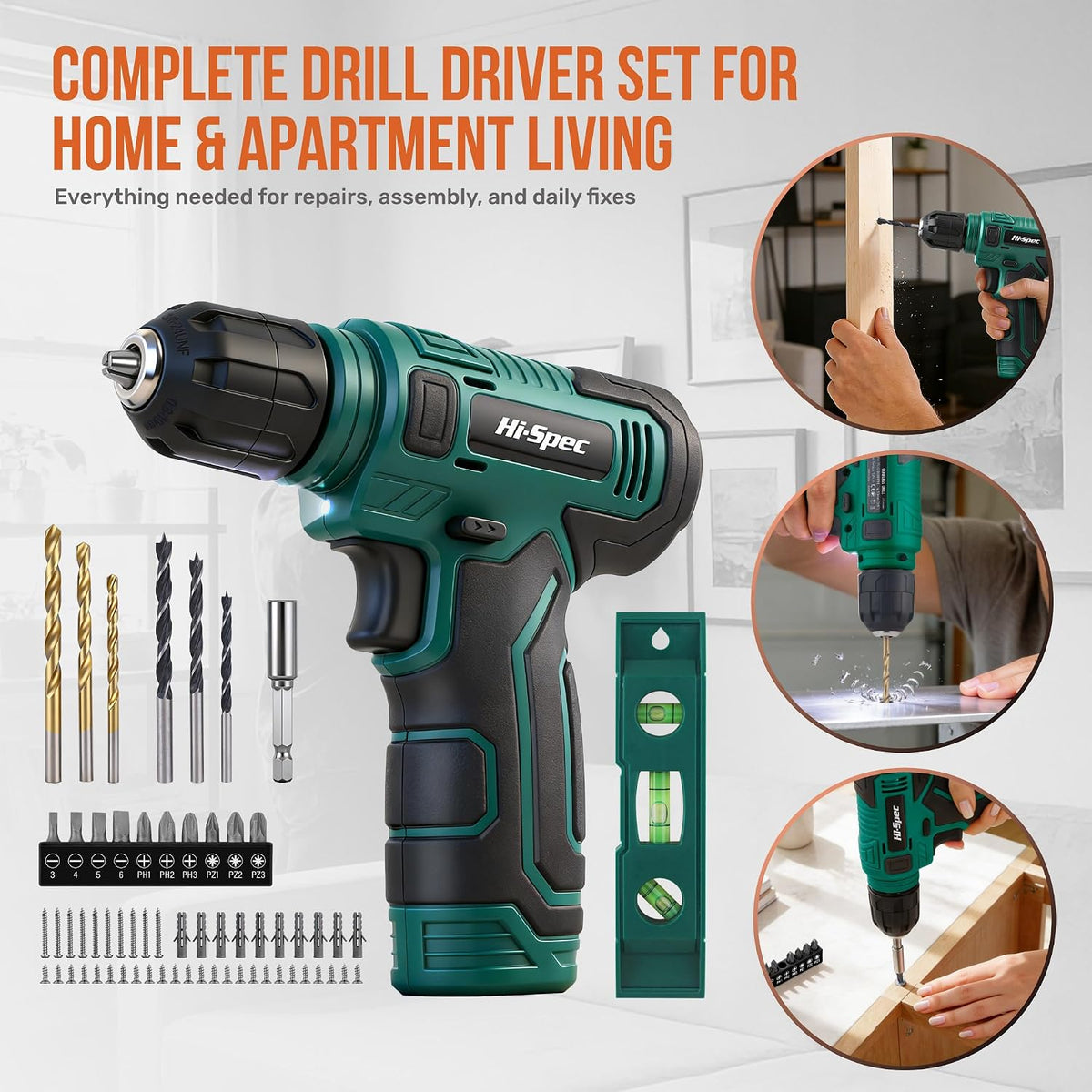 Hi-Spec 8V USB Power Drill Driver Bit Set with Hanging Kit for DIY, Green | faster bit changes, labeled storage, cleaner drilling and driving, portable case, workshop-ready layout, organized storage