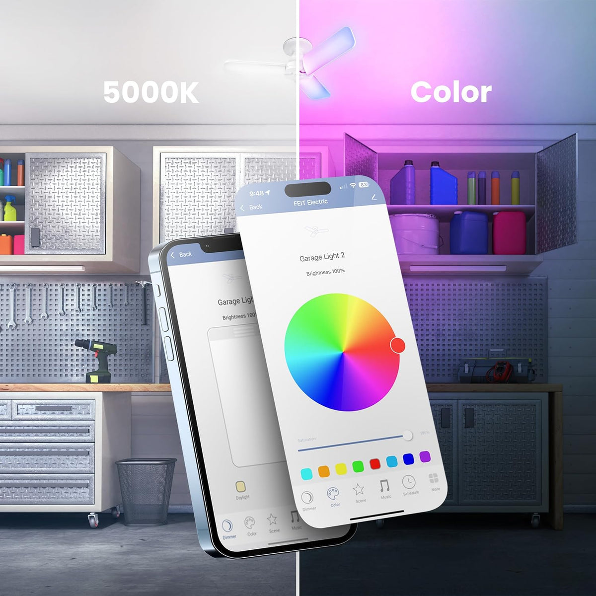 Feit Electric Smart LED Garage Light, 4000 Lumens RGBW Color Changing Deformable Panels, 2.4GHz WiFi App Control, Works with Alexa & Google, E26 Screw-in Ceiling Light for Garage ADJ4000/RGBW/LED/AG