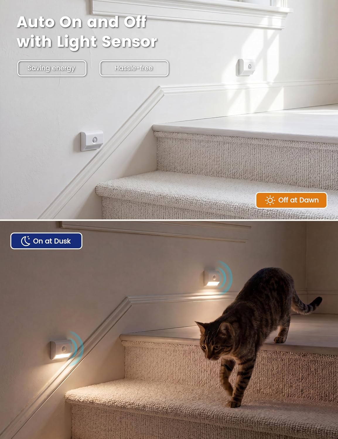 VOLISUN Rechargeable Motion Sensor Night Light, 3 Colors Temperature Stair Lights Indoor, Magnetic Portable Battery Night Light with Light Sensor for Hallway Bathroom Bedroom Closet White 3 Pack
