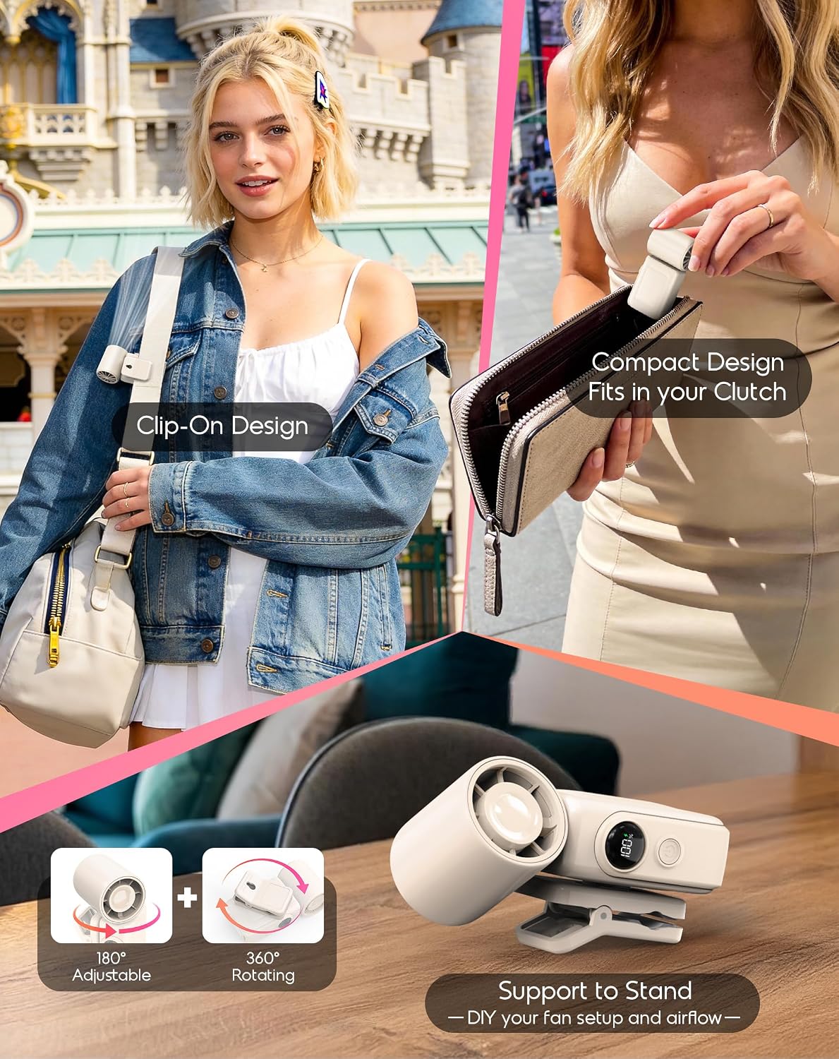 Clip-On Portable Fan for Strollers, 13500RPM Mini Handheld Turbo Travel Fan | Rechargeable 360° Rotatable, LED Display, 4 Gear High Speed Turbo, Travel Cruise Concert Office Makeup Ideal, Women Men Gifts