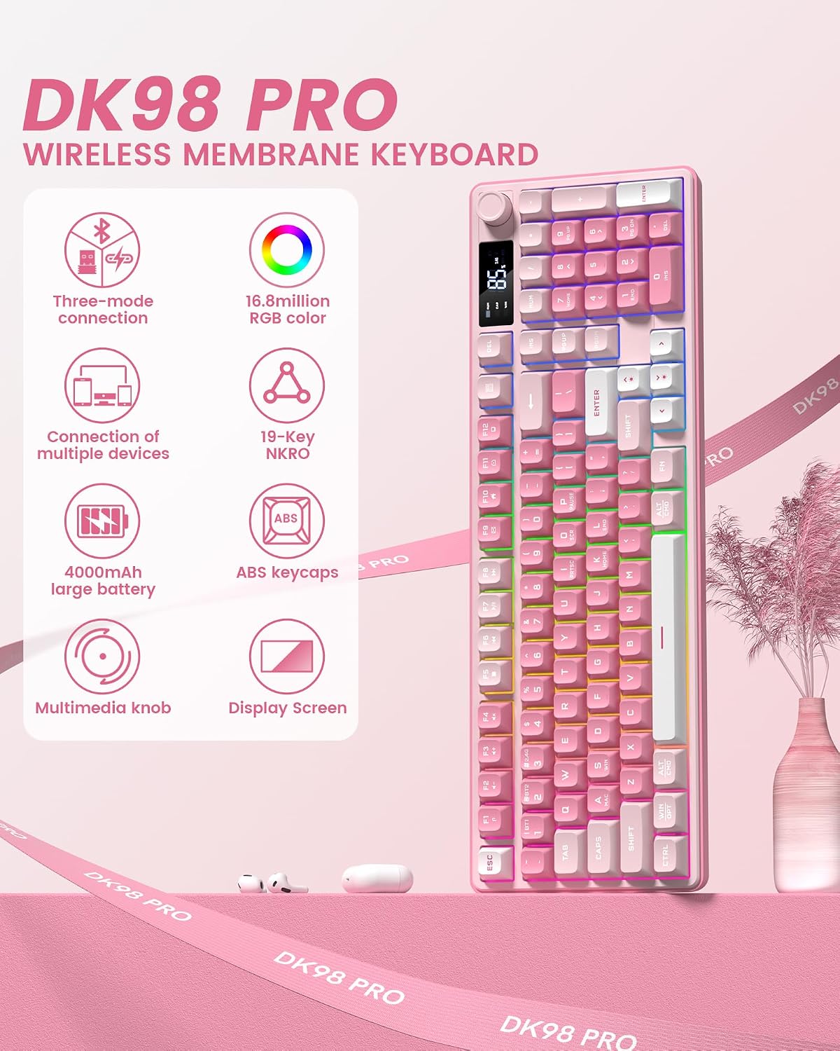 Keymatic Gaming Keyboard Wireless Creamy Keyboard with Media Knob & Screen Cute Keyboard Mechanical Feeling Membrane Keyboard with Number Pad RGB Backlit Tri-Mode BT/2.4GHz/USB-C - Pink