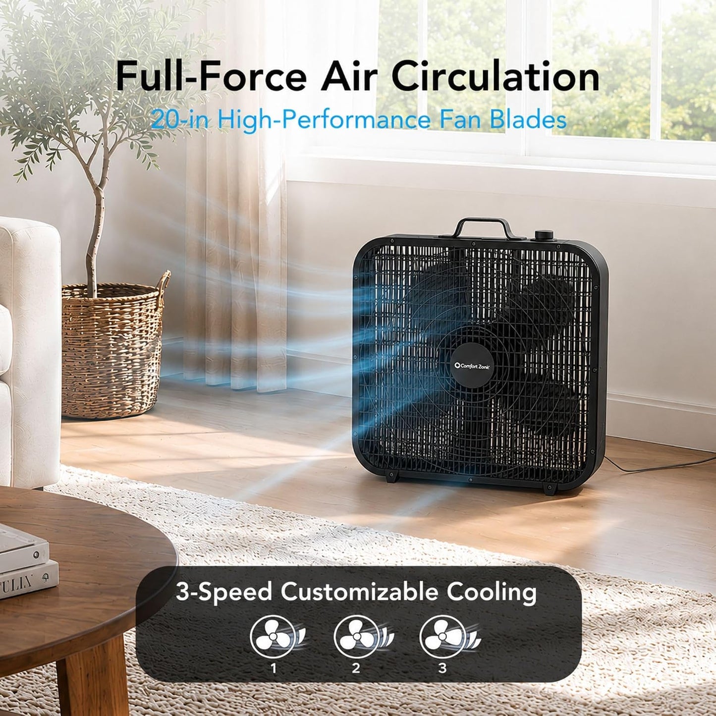 Comfort Zone Box Fan with Carry Handle, 20 inch, 3 Speed Full-Force Air Circulation with Air Conditioner, Floor Fan, Bedroom Fan, Airflow 15.03 ft/sec, Ideal for Home, Bedroom & Office, CZ200ABK
