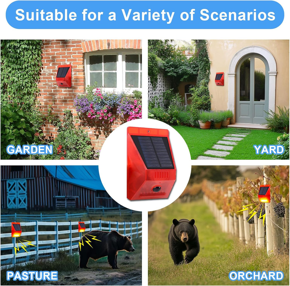 ChunHee Solar Motion Sensor Alarm Outdoor Motion Detector 129db Loud Sound Security Siren IP65 Waterproof Protected for Garden,Farm,Yard,Chicken coop,4 Pack