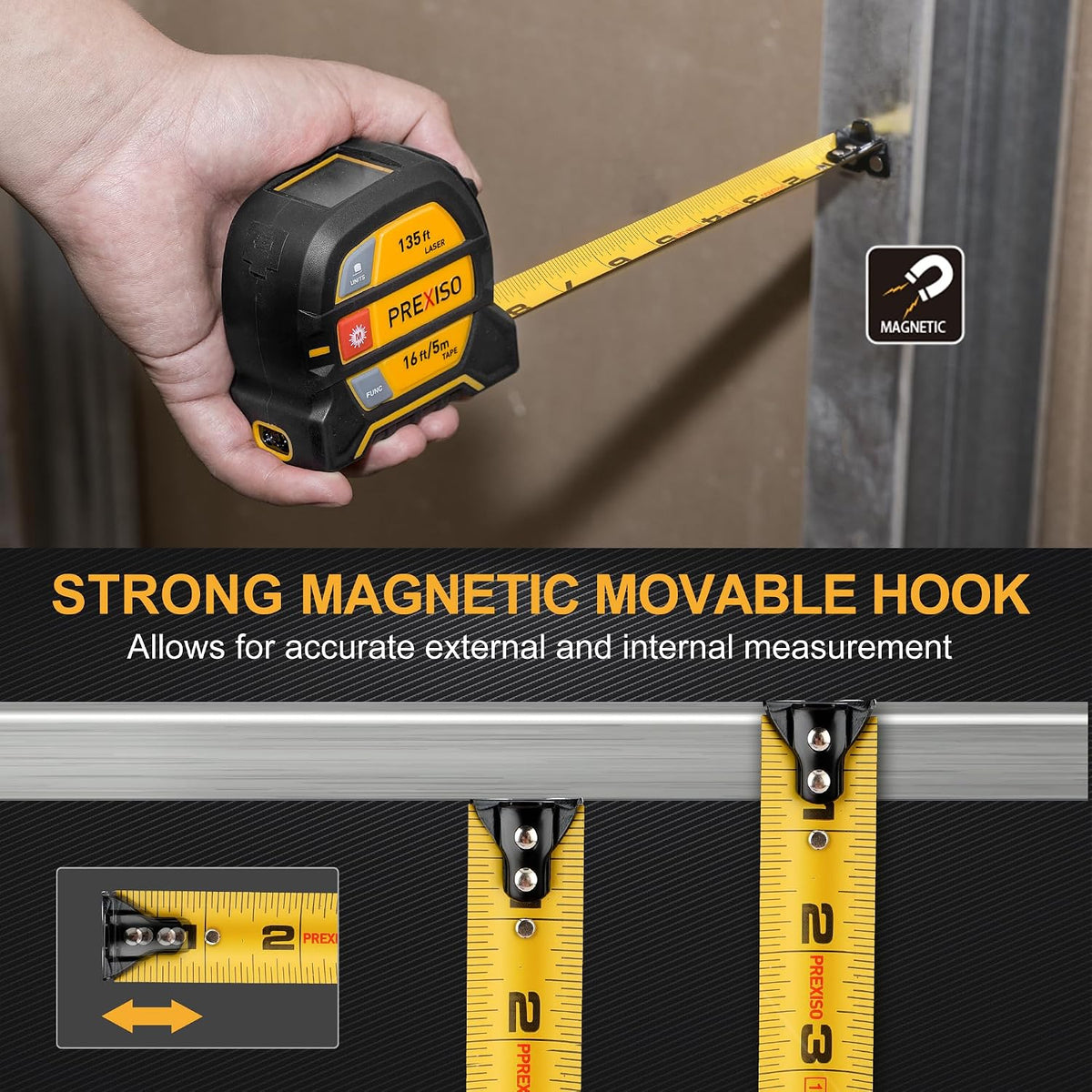 PREXISO 2-in-1 Laser Tape Measure 135Ft Rechargeable Laser Measurement Tool | 16Ft Measuring Tape with Movable Magnetic Hook - Pythagorean, Area, Volume, Ft/Ft+in/in/M Unit NOT Digital