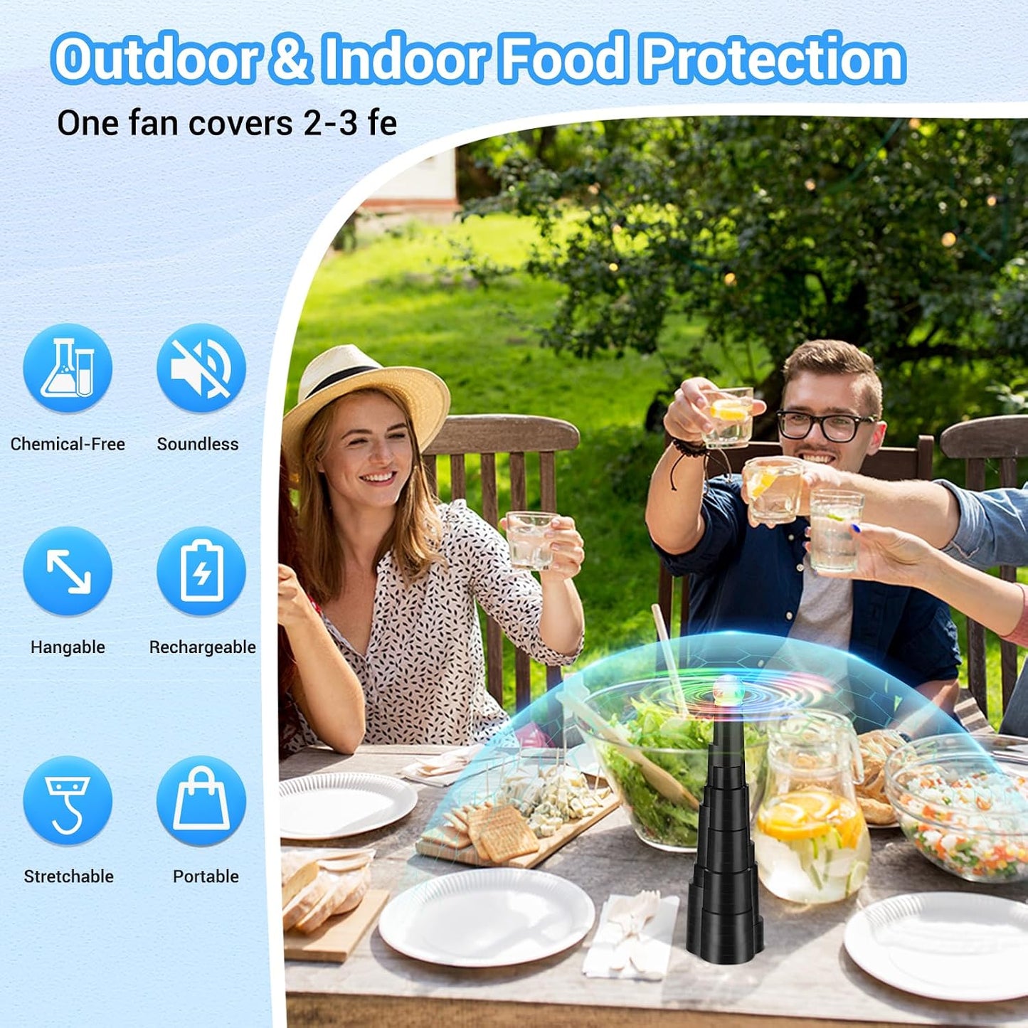 Fly Fans for Tables, Rechargeable Food Fans Outdoor&Indoor Dining, 4-Pack | Table Top Fly Fans, Soft Holographic Blades Table Fly Spinners, Picnic, BBQ, Party Use, Fly Swatter Fan Soundless, Cordless