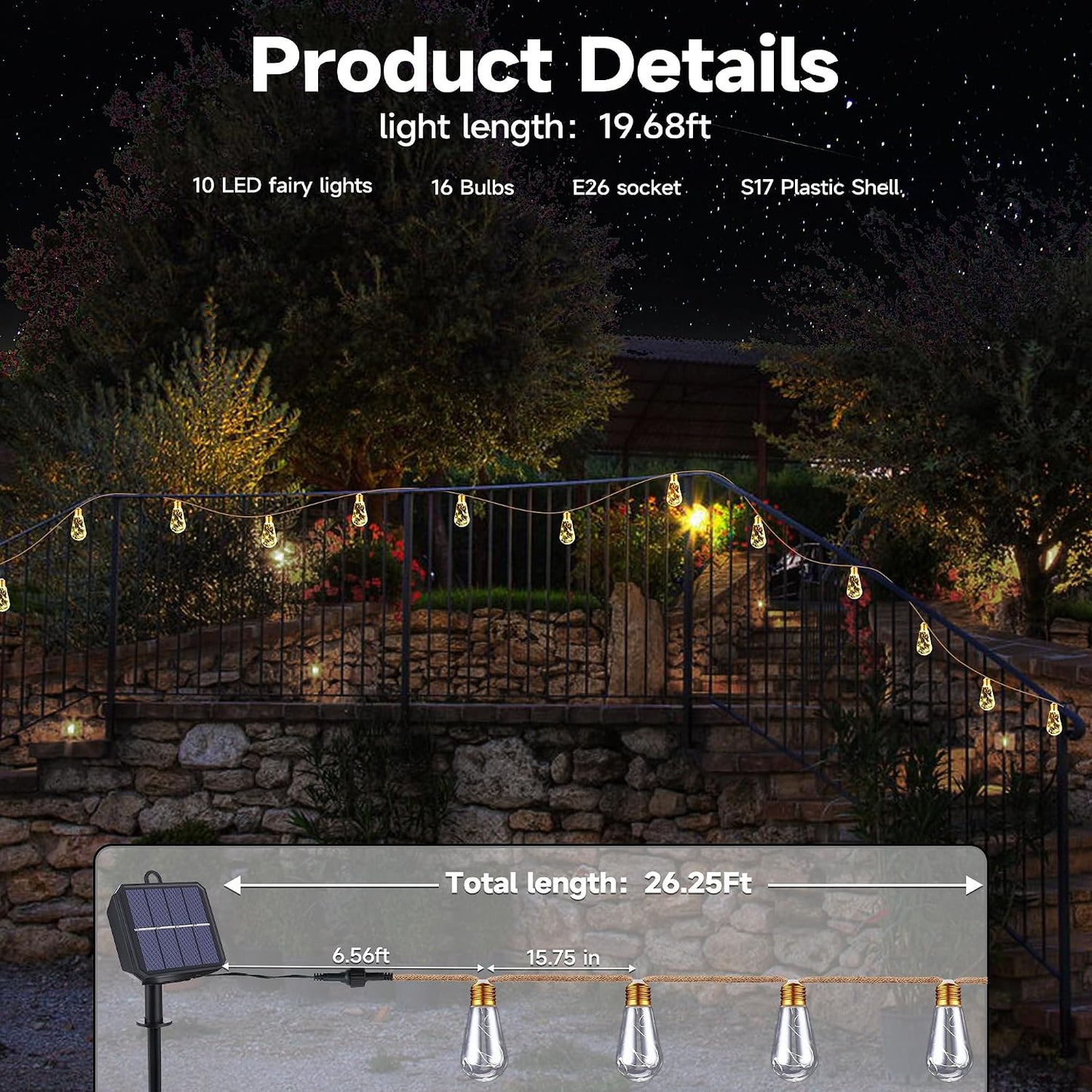 Solar Outdoor String Lights, 20Ft Vintage Rope Hemp Solar Patio Lights | Waterproof Warm White Solar Powered String Lights With 8 Modes 16 Shatterproof Bulbs for Garden Fence Stairs Balcony Bistro