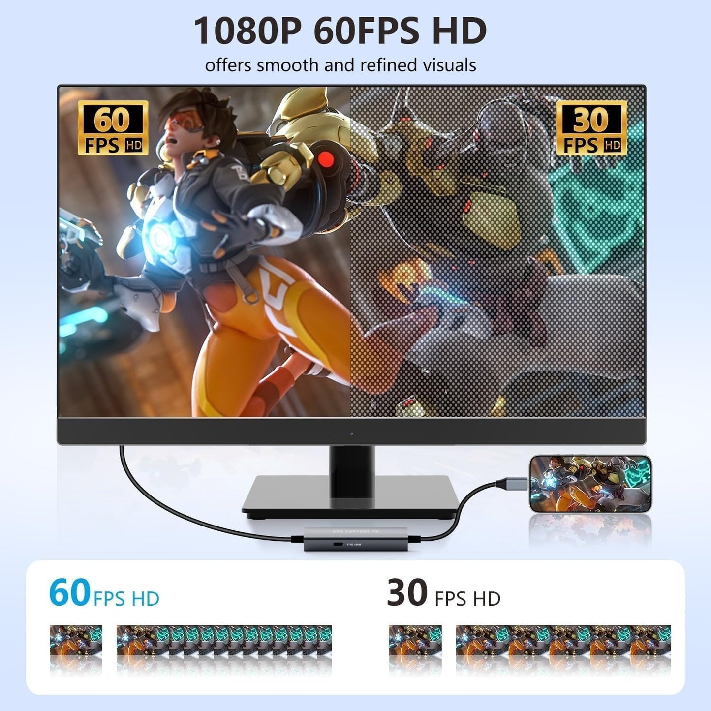 1080P 60FPS 2K@30Hz Capture Card, Type C to USB-A/C Video Capture Card USB 3.0 with 100W Power Delivery Ultra-Low Latency for Streaming, Recording, Gaming Compatible with Switch, iPad, Steam