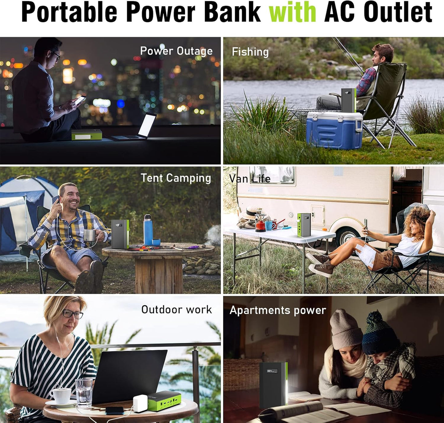 Portable Power Bank with AC Outlet, 65W External Battery Pack Backup | Portable Laptop Charger 24000mAh Fast Charging Power Source for Outdoor Tent Camping Home Office Smart Devices -Green