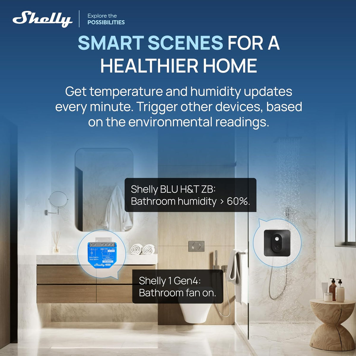 Shelly BLU H&T ZB Black, Bluetooth & Zigbee Operated Temperature & Humidity Levels Sensor, Compatible with Home Assistant, Alexa, Google Home, Water & Dust Resilient, IP54, Real Time Monitoring