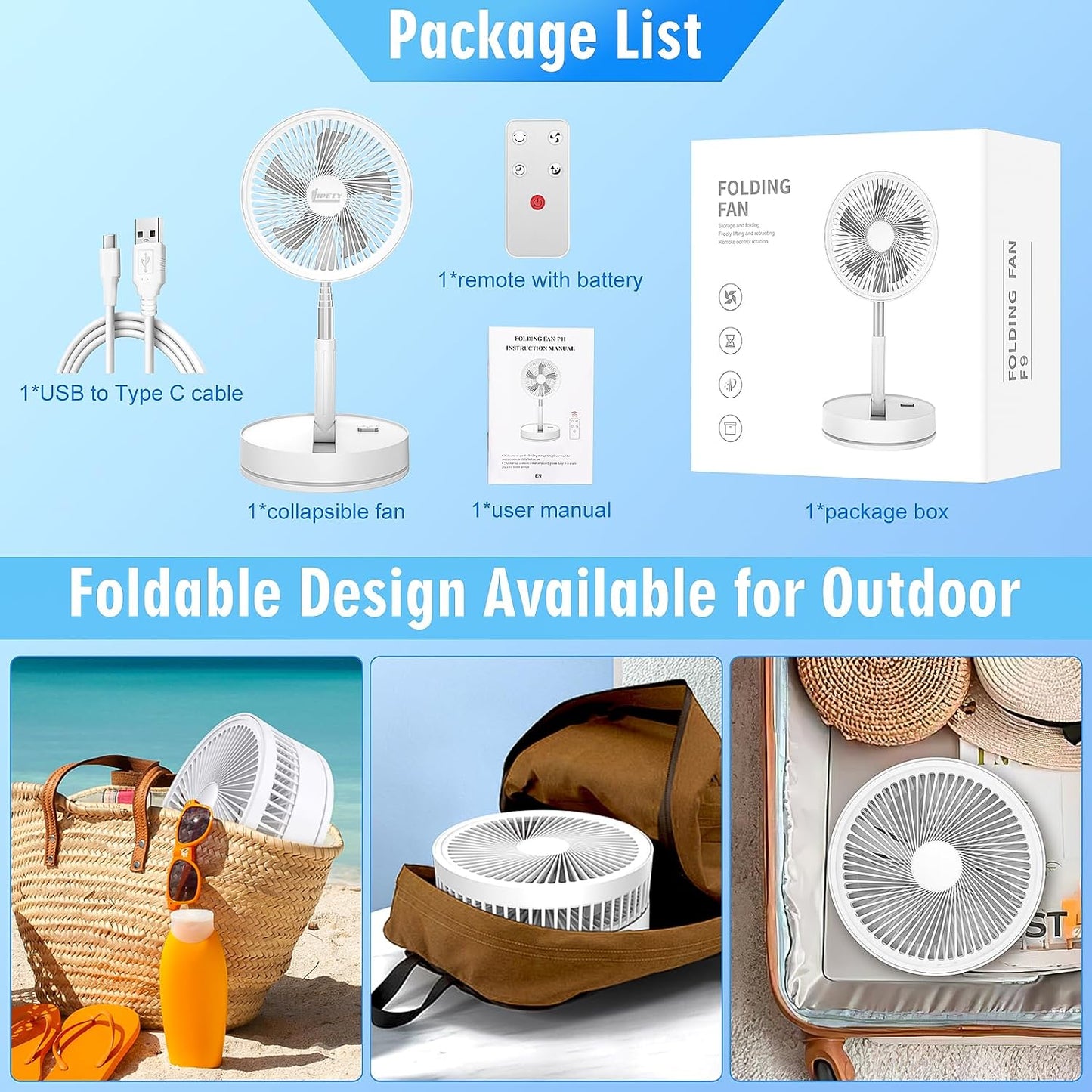 Portable Foldable Rechargeable Oscillating Fan - 8.6" 8000mah Remote Fan | Battery Operated USB C Small Fan Quiet Table Desk Fan Folding Standing Pedestal Fan for Bedroom Rome Office Camping Travel