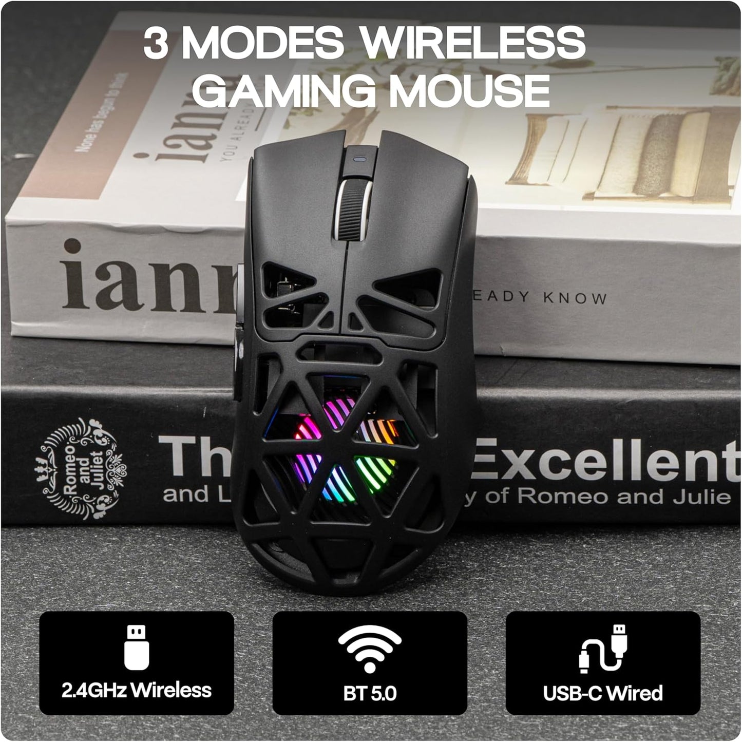 MechLands Aula SC620 Gaming Mouse, 2.4G/USB-C/BT Wireless Mouse with 400mAh Battery, Adjustable 12,000 DPI & 1000 Polling Rate, PAW3311 Sensor, RGB Lighting, Programmable Buttons, for Win/Mac (Black)