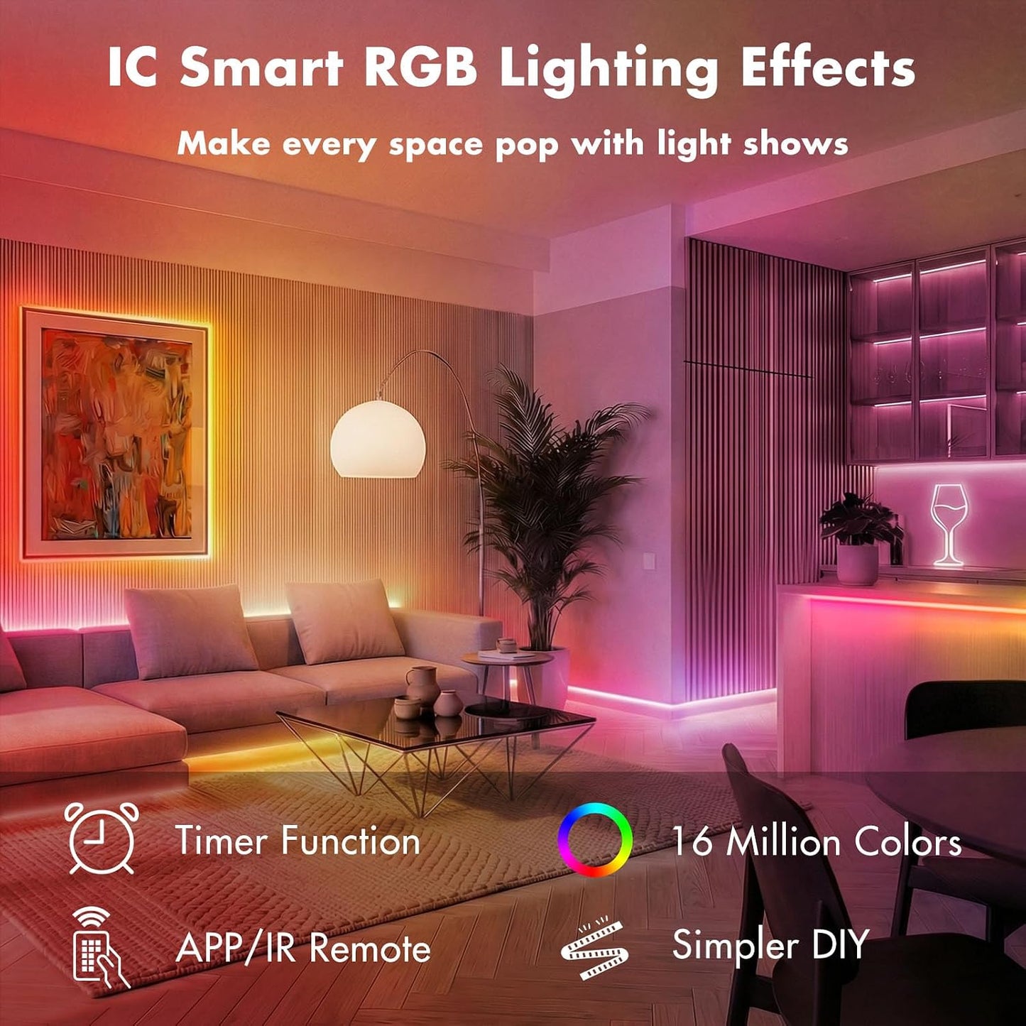 IC Smart RGB LED Strip Lights, 65.6FT LED Lights for Bedroom, App Control/Remote Control, Music Sync, DIY Design, Rainbow Chasing Effects, Strip Lights for Home, Party Decor