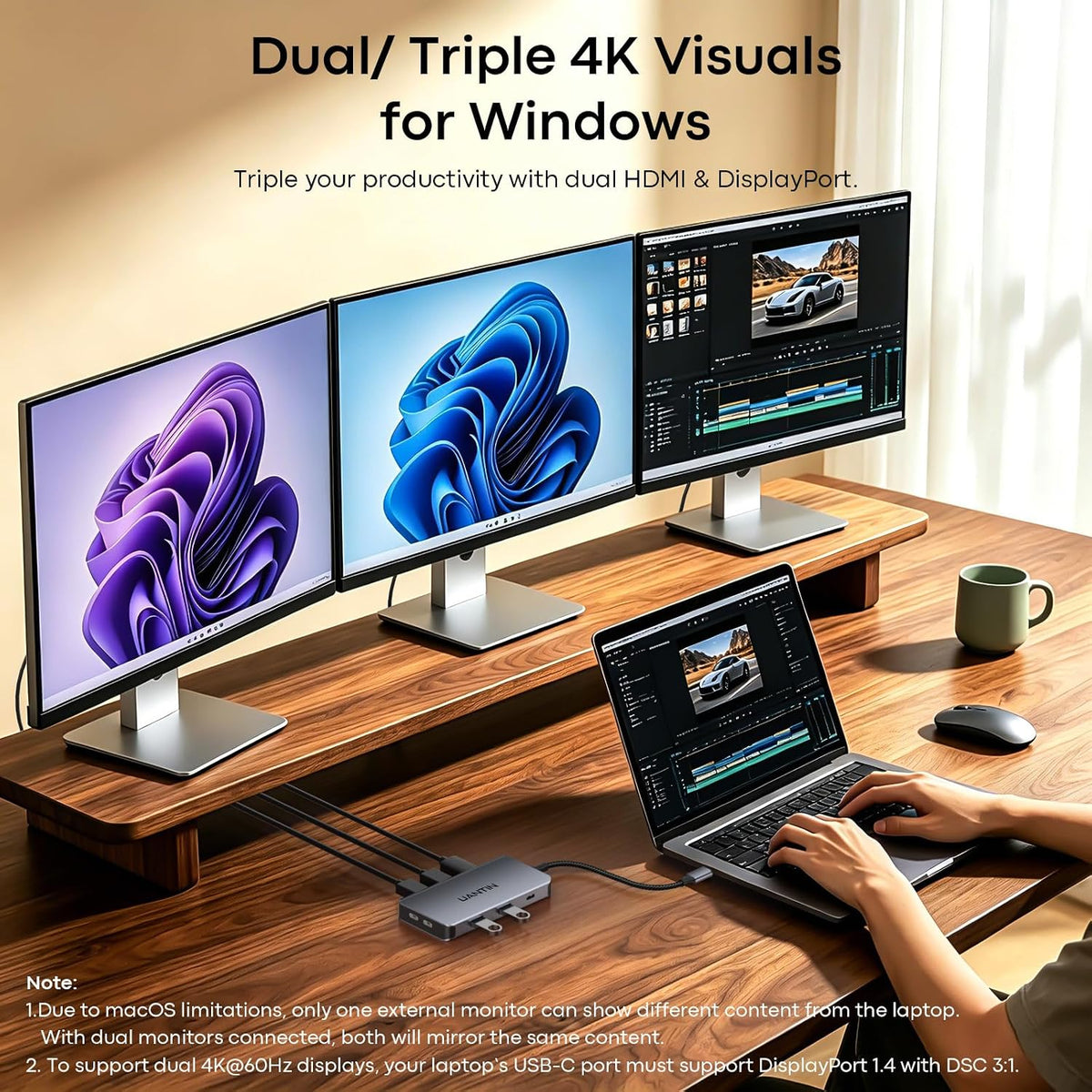 UANTIN Laptop Docking Station 3 Monitors, 8-in-1 USB C Dock with 2 HDMI, DP