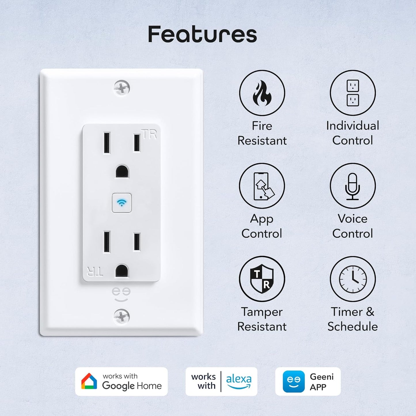 Geeni Smart WiFi in-Wall Outlet, White, 4 Pack – 2 Smart Outlets per Plug, Compatible with Alexa & Google Home, Tamper Resistant, Fire Resistant, App & Voice Control, Requires 2.4GHz WiFi