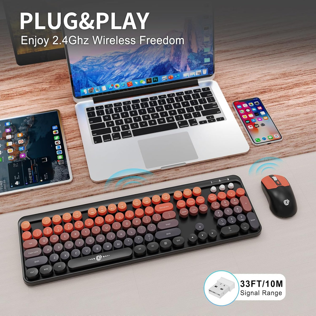 FOPETT Wireless Keyboard and Mouse Combo - 2.4G Full-Sized Cute Colorful Mouse and Keyboard with 104 Round Keys Retro Typewriter Keyboard for Laptop/Windows/PC - Orange Gradient