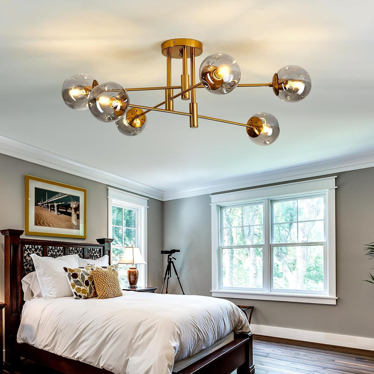 6-Lights Glass Globe Chandelier Modern Flush Mount Ceiling Light Fixture Gold Farmhouse Lighting for Dining Room Living Room Bedroom Kitchen Passageway.