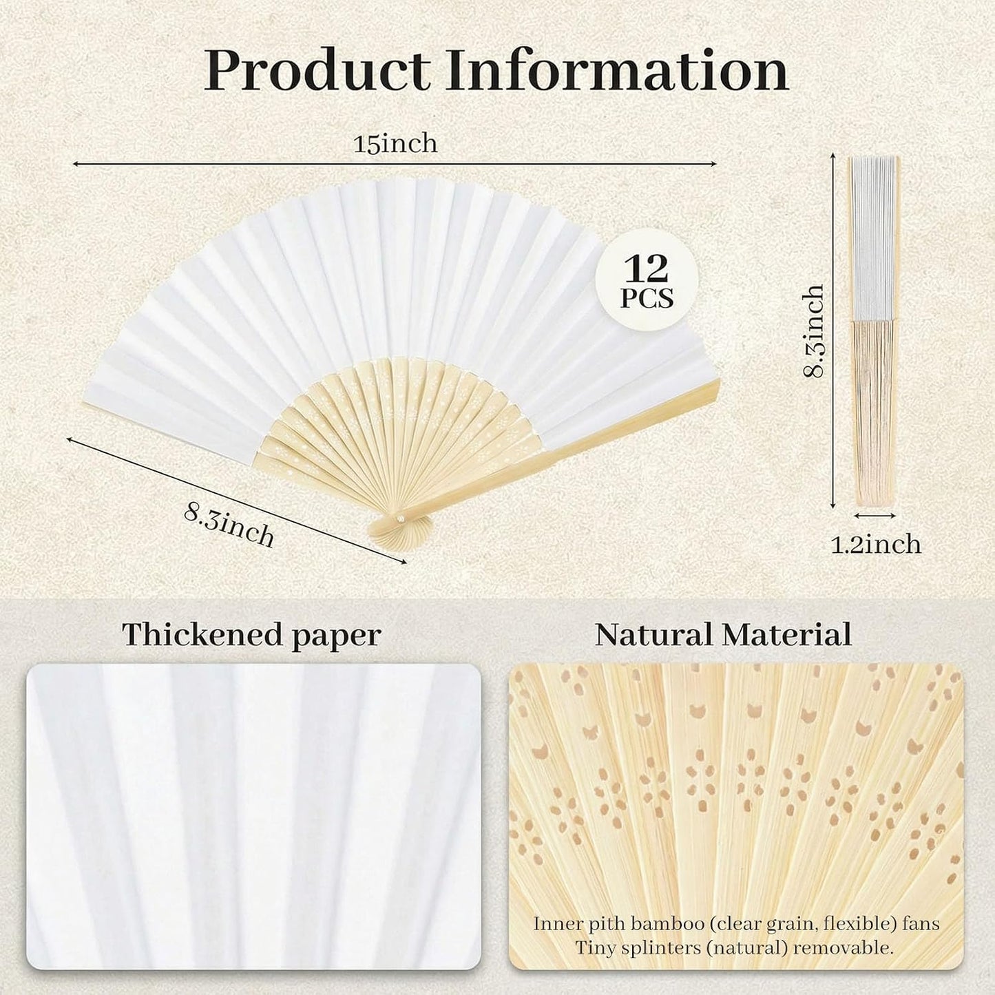 JOHOUSE 12 PCS White Paper Fans Handheld, 8.3 Inch Foldable Hand Fan | Folding Fans Handheld for Women, Wedding Guests, Bridal & Baby Shower Favors, Birthday Party Decorations