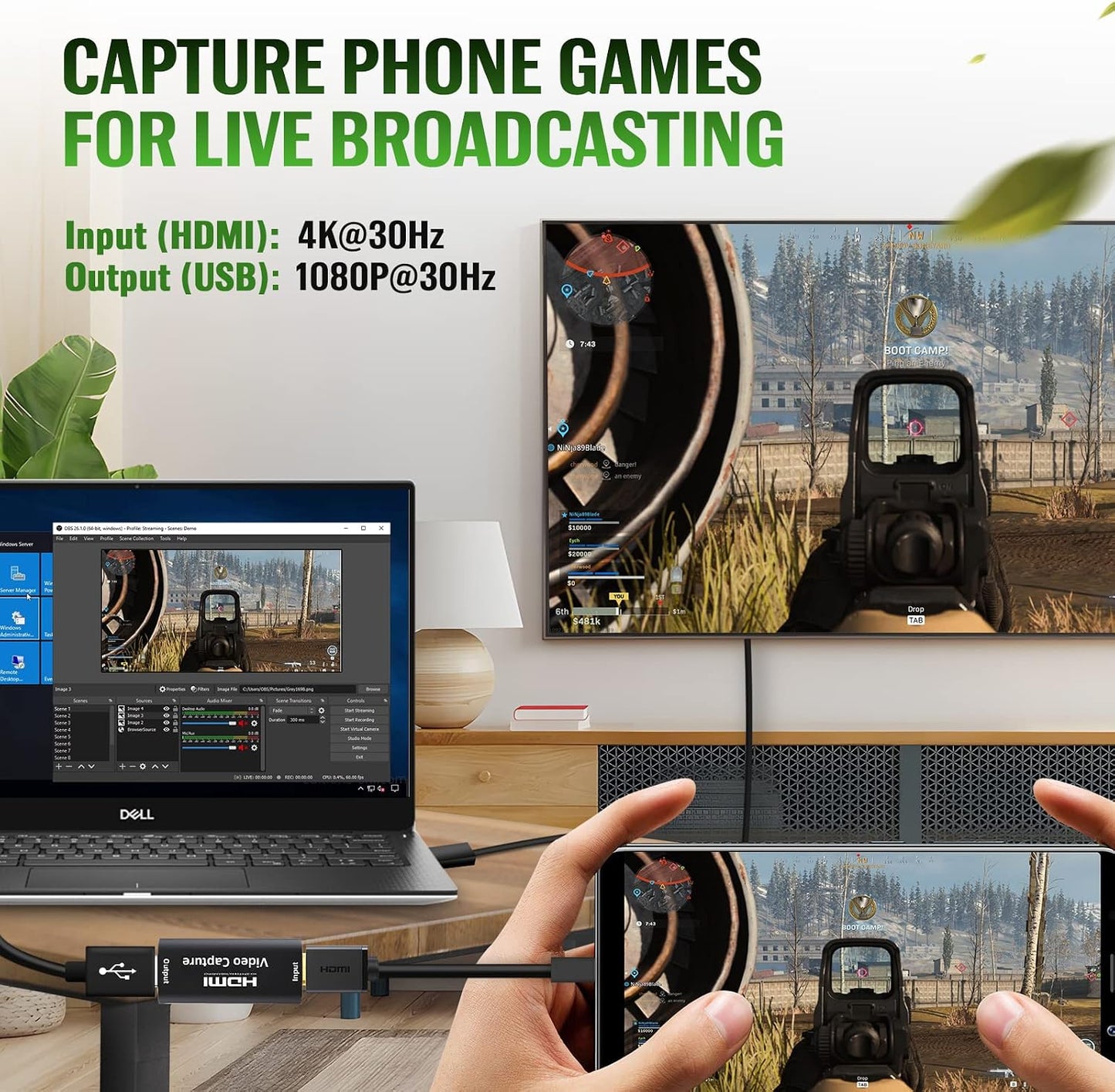 Audio Video Capture Cards Cam Link Card HDMI to USB 2.0 Full HD Record via DSLR Camcorder Action Cam for Acquisition Live Streaming Gaming Teaching Conference（Support VLC/OBS/Amcap）