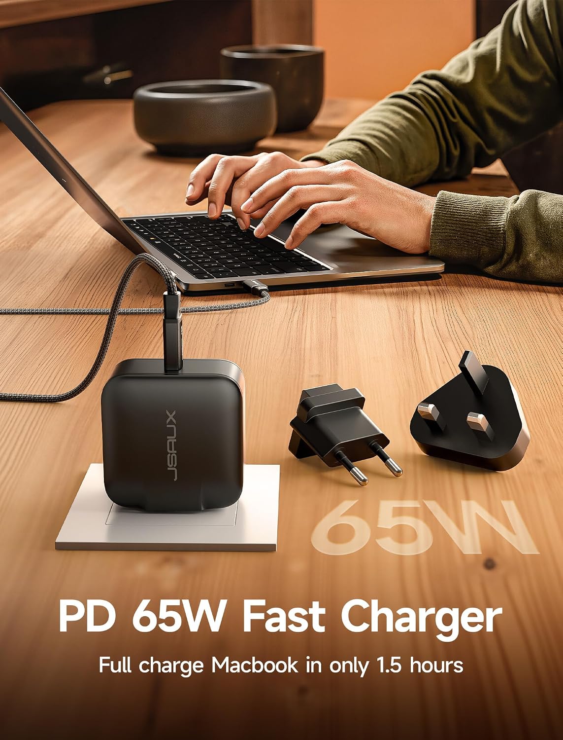 JSAUX 65W GaN USB C Charger for Switch 2, EU/UK Plug, 6.6FT Cable, Black | Powers in TV Mode, GaN PD Fast Charge for ROG Xbox Ally, Steam Deck, ROG Ally, iPhone 17, Galaxy, Tablet & Laptop