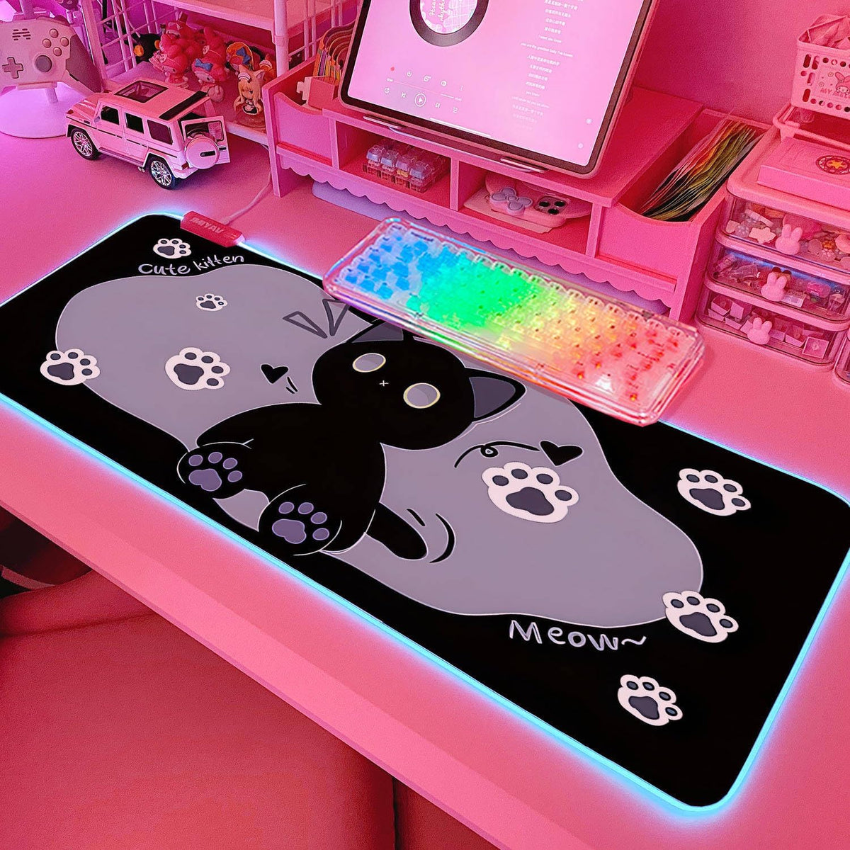 JMIYAV Pink RGB Gaming Mouse Pad 31.5x12 Inch PC XL Large Extended Glowing Led Light Up Desk Pad Non-Slip Rubber Base Computer Cute Mousepad Mat Desk Accessories Gaming Setup Love Shock