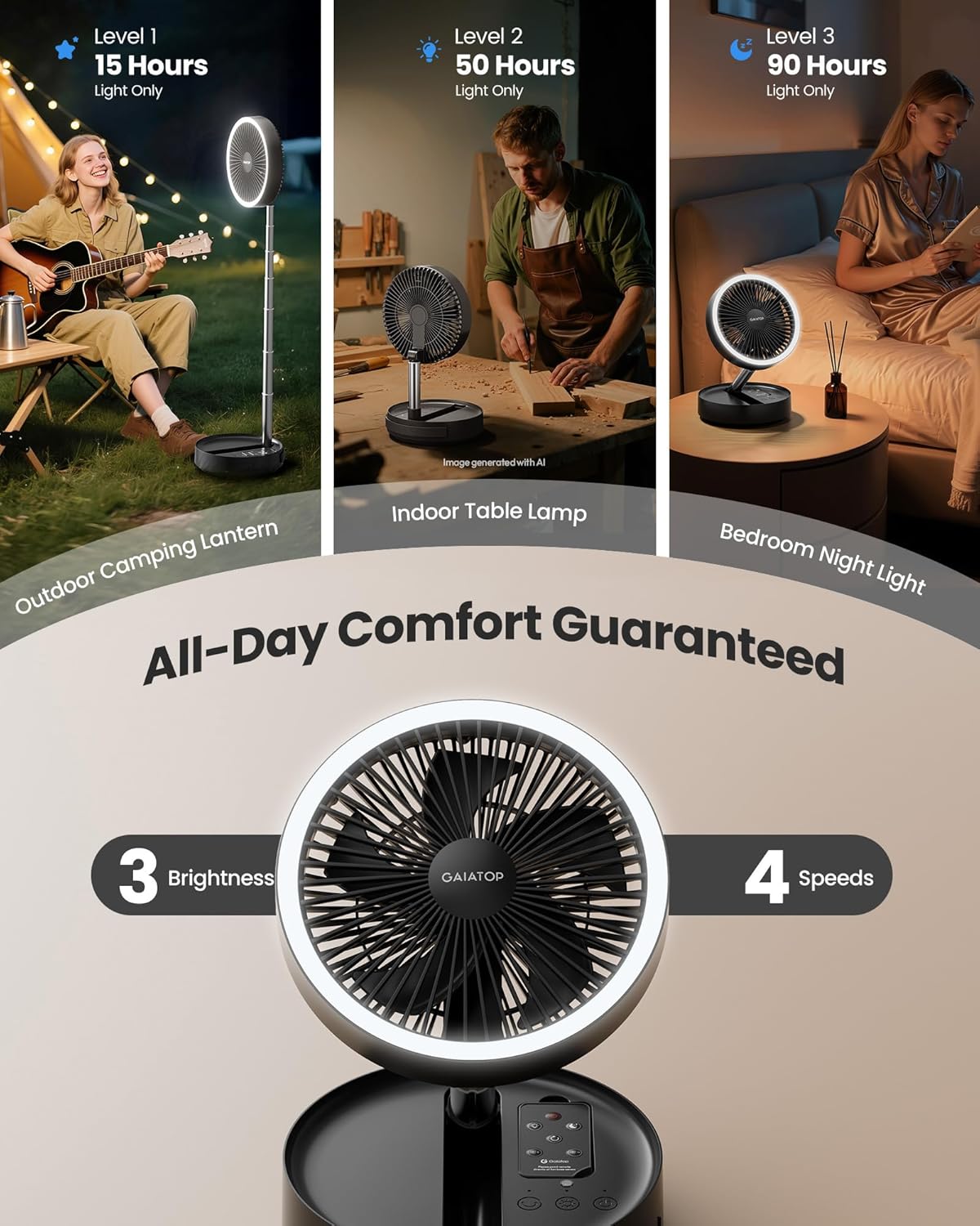 Gaiatop Portable Pedestal Fan 16000mAh Battery [Max 74h Runtime], Foldable Oscillating Standing Fan, Collapsible Desk Fans, LED Light, Case & Remote Control 4 Speeds for Outdoor Travel Camping (Black)