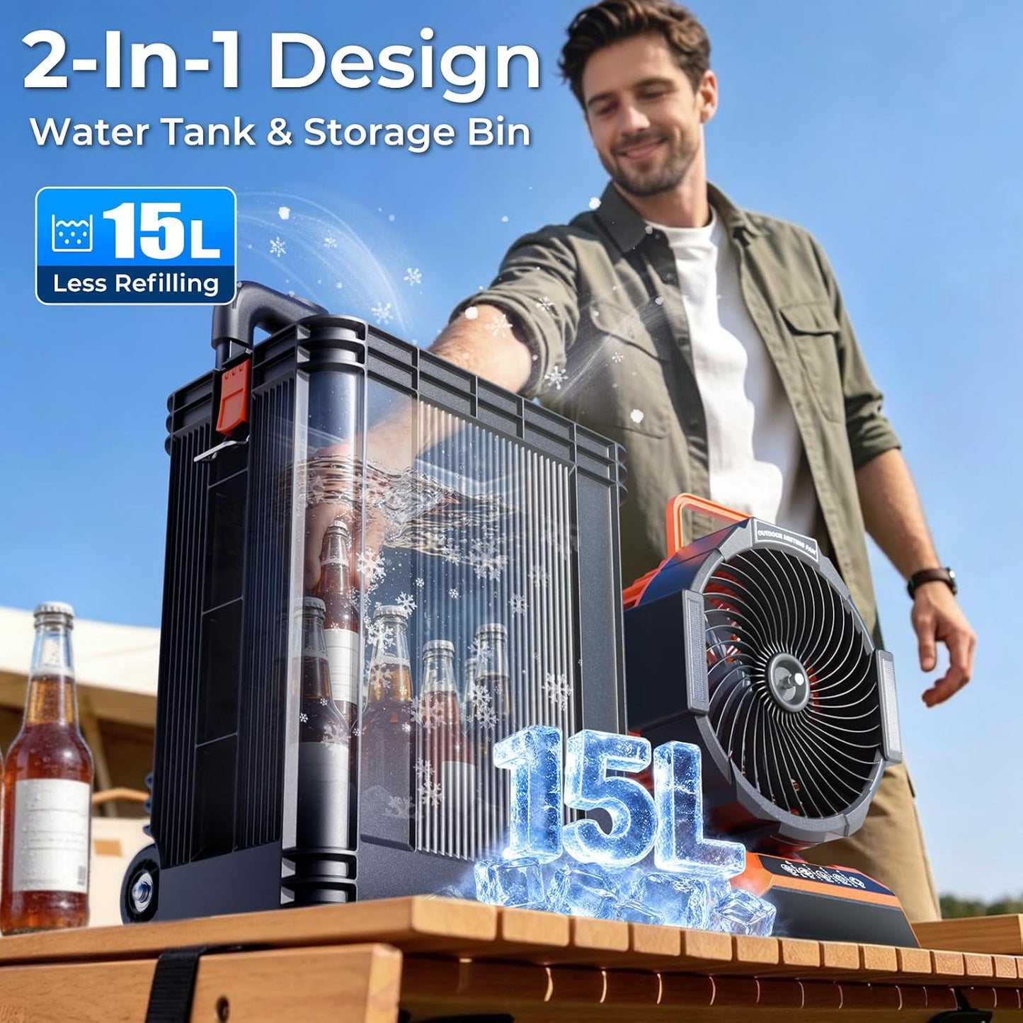 40000mAh Portable Misting Fan, 62H Max Runtime Rechargeable Mister Fan with 15L Bucket, Retractable Handle, Wide-Angle Oscillating Mist Fan for Outside Patios Golf Sports Camping Essentials