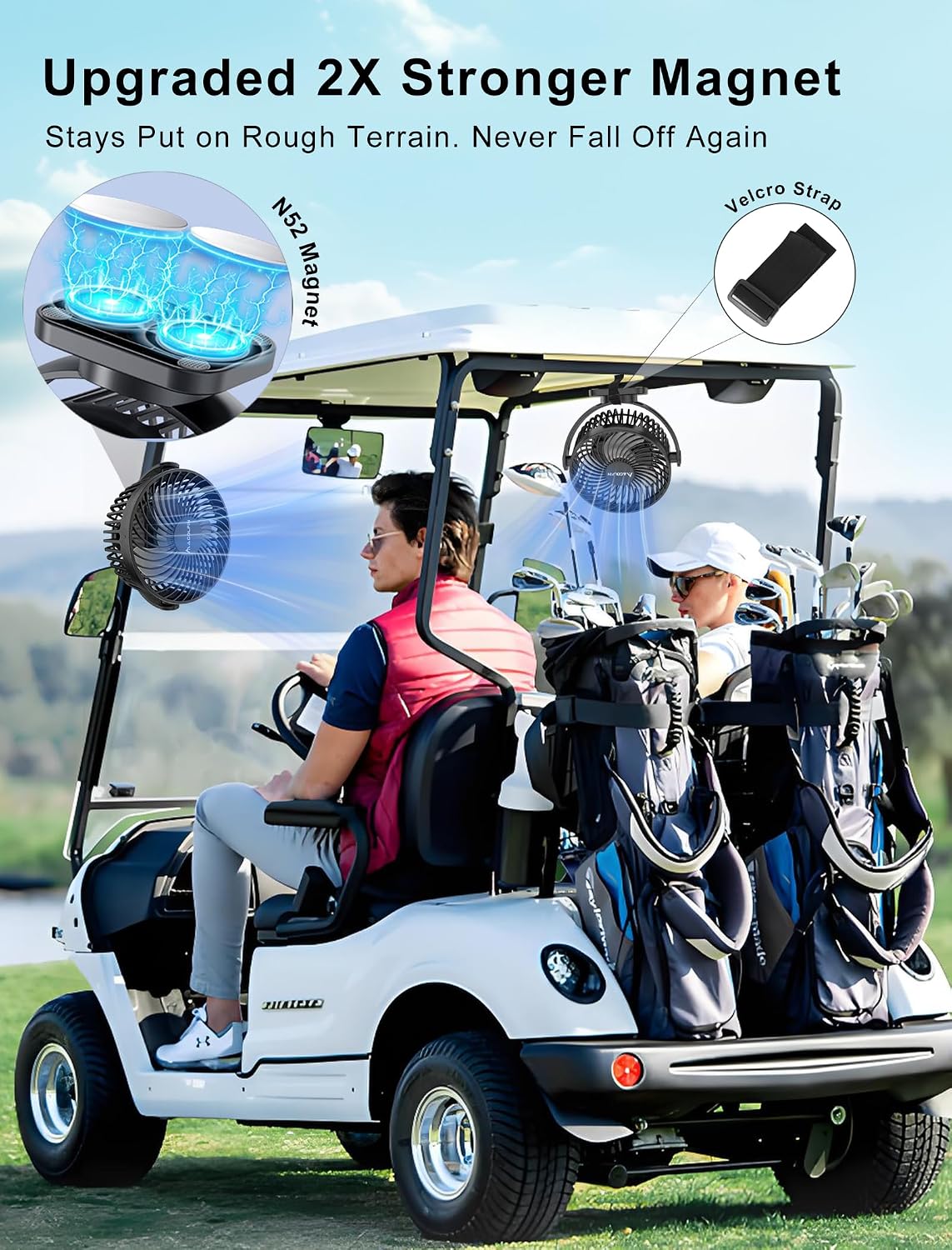 [Upgraded 2X Magnet] 2-Pack Magnetic Golf Cart Fan Rechargeable, 12000mAh Battery Operated Portable Fan with Light, Magnetic Base, Suitable for EZGO Club Car Yamaha, Golf Cart Accessories 2026