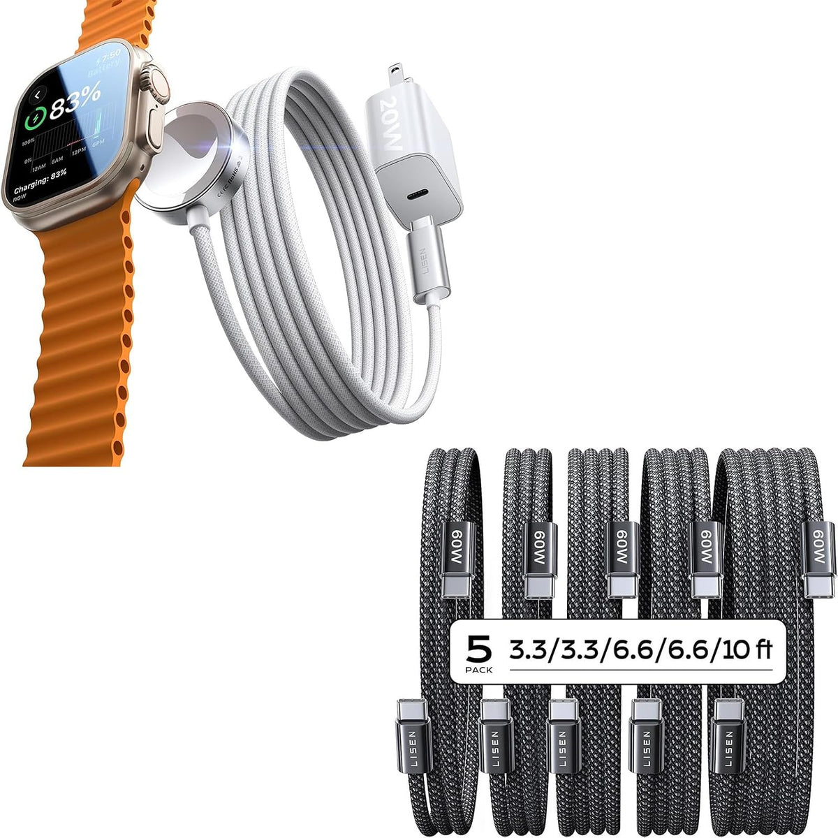 LISEN for 5W Fast Apple Watch Charger 3.3FT and 20W Adapter & 60W C to C Cable