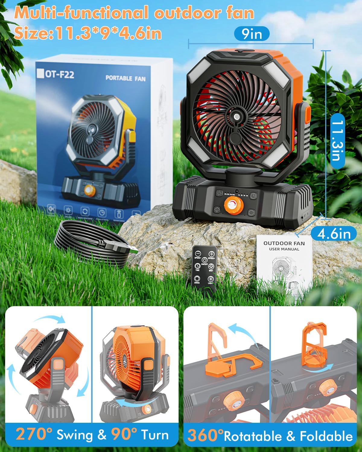 Portable Misting Fan with 20000mAh USB Rechargeable Battery, 250mL Water Tank & LED Lantern – Cooling Fan with Mister for Camping, Home, Tent, Beach, Picnic, Barbecue, Outdoor & Indoor Use