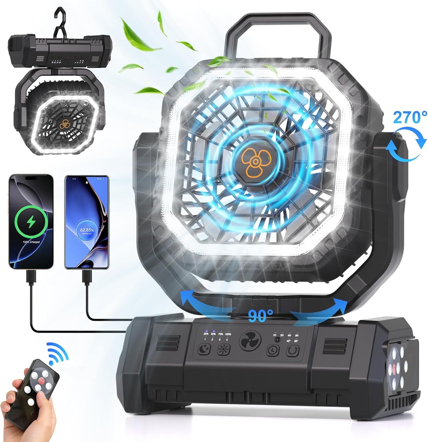 Honesorn 20000mAh Camping Fan Rechargeable with LED & Light Remote, Black | Up to 60H Runtime, 45°/90°Oscillating, Hanging Hook, 4 Speeds, 8H Timer, USB-C Charging, for Camping, Tent, Travel, Outdoor