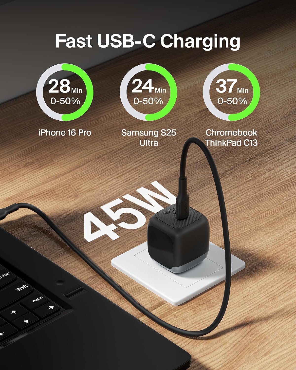 Belkin 45W Compact USB C Charger Block, Fast Charging for Travel | PD 3.1, PPS, Travel Charger, Chromebook, iPad, iPhone 17, Samsung Galaxy, Pixel, Nintendo Switch 2, Foldable Prongs